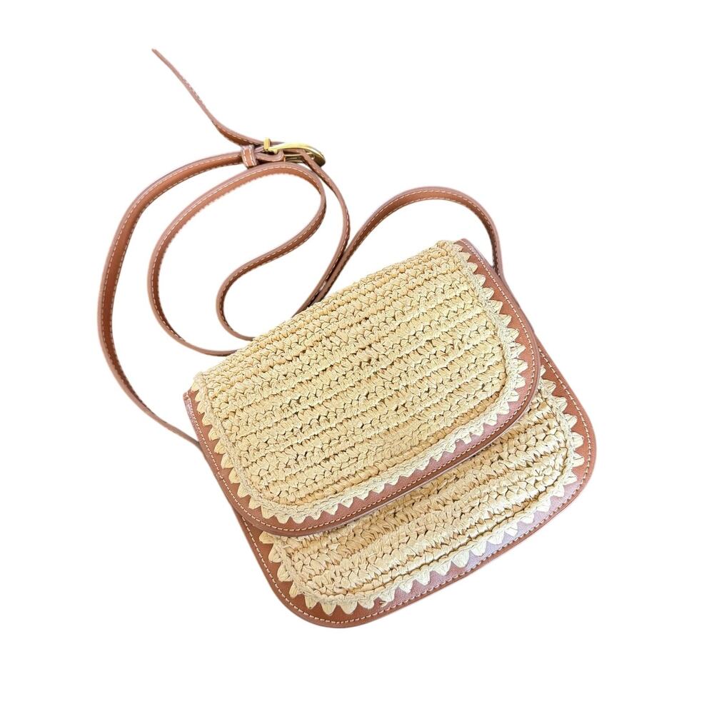 MNG Crossbody Bag Womens Small Beige Straw Brown Trim Scalloped Boho Beach